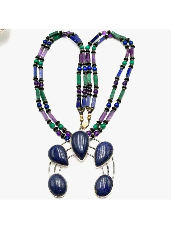 Southwest Lapis Lazuli Naja Pendant Sterling SIlver Necklace 153 Grams