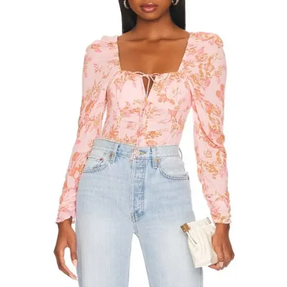 NWT Free‎ People Hilary Printed Top in Pink Combo