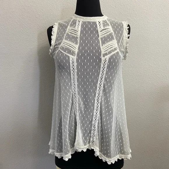 Free People Fionas Victorian Mesh Sheer Lace Top Flowy Ivory‎ Size XS Boho Tank