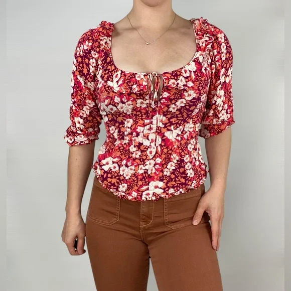 FREE PEOPLE Sweet Memories Floral‎ Ruffle Blouse Half Sleeve Pink Multi Color