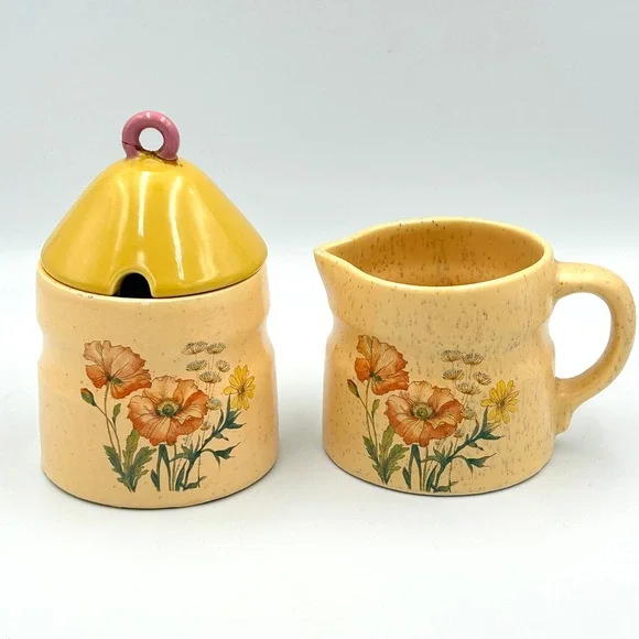 Vintage Ceramic Poppy Cream and Sugar Set Floral Yellow Orange Speckle 70s Retro