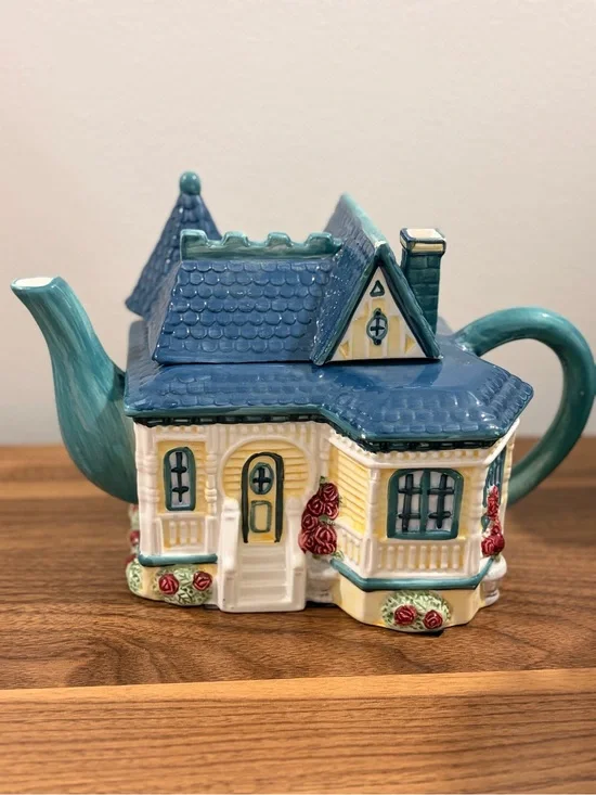 Blue Ceramic Cottage Teapot - Decorative Home Kitchen Accent