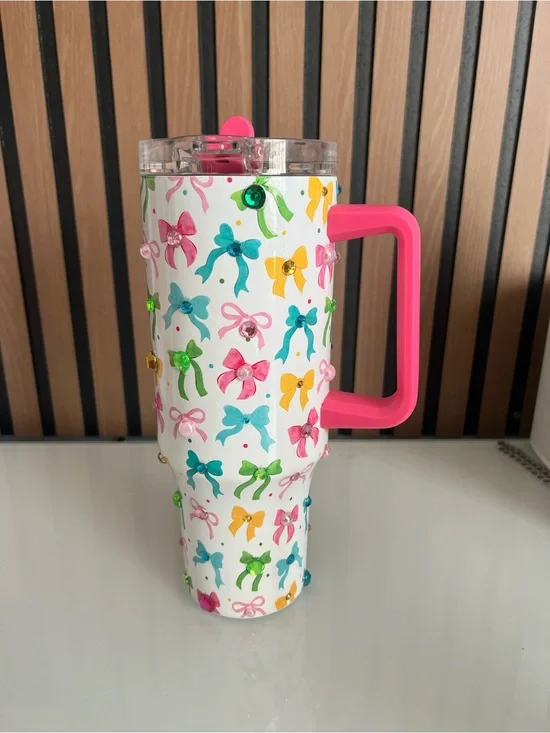 Kids Bow Print Travel Mug with Pink Handle