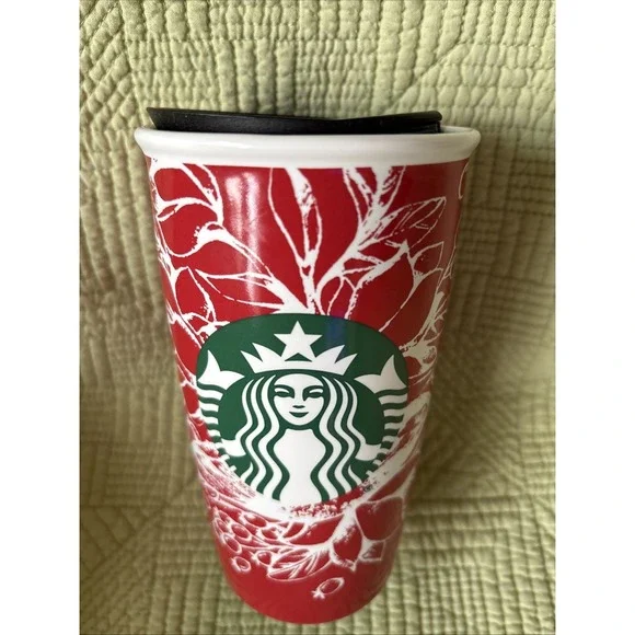 Starbucks Travel Ceramic Tumbler W/lid Red Reusable 2016 Christmas Snowy Trees