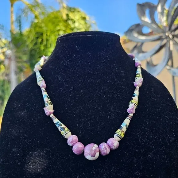 Vintage Peruvian Hand painted Ceramic Bead Necklace with Cactus and Llamas