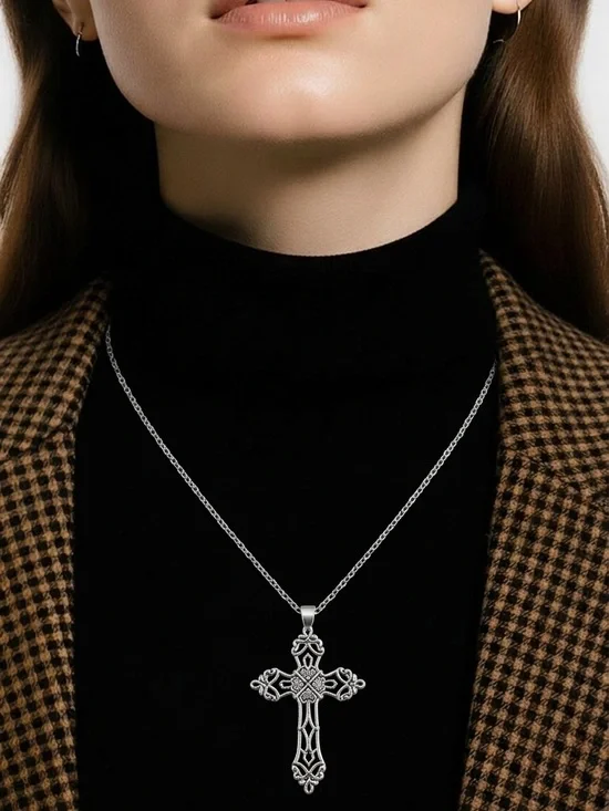 Vintage/Gothic Design Cross 24” Pendant Stainless Steel Silver Necklace