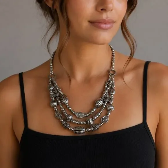 Chico's Silver Turtle Stamped Triple Strand Necklace