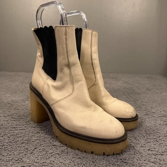 Free People Chunky Boots Women 38 US 8 White Leather Chelsea Block Heel Lug Sole