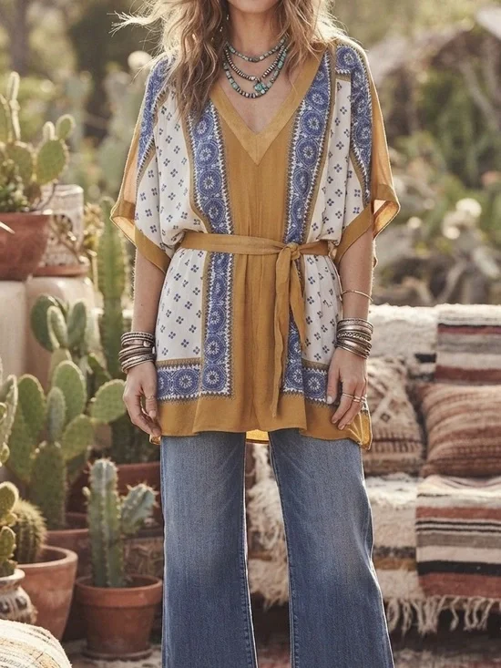 Free People Santa Cruz Kimono Mini Dress Goldenrod Combo Boho Caftan Large $128