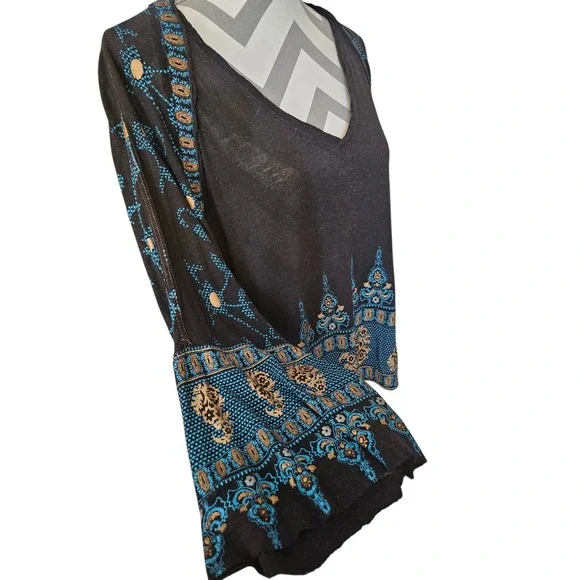 Free People Womens Boho Paisley Border Print V-Neck Linen Blend Top Black Medium