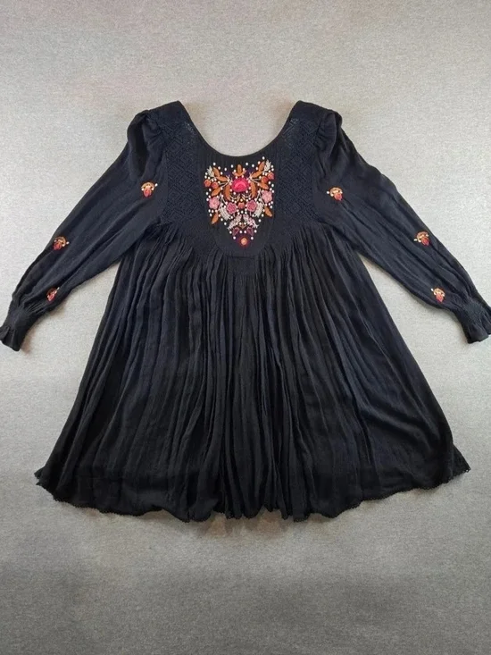 Free People Black Mini Dress with Pink & Orange Embroidery