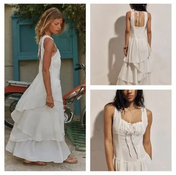 NWT FREE PEOPLE In My Dreams Tiered Midi Dress •S• Ivory Corset Top Gauze $148