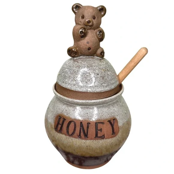 Vintage 1981 Mellow Mud Studio Pottery Bear Honey Pot Jar with Dipper Signed