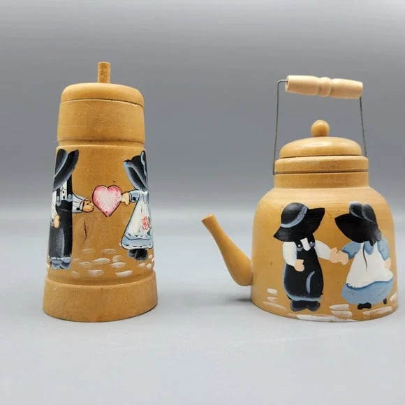 Vintage Mini Wooden Teapot & Butter Churn Hand Painted Amish Couple Design