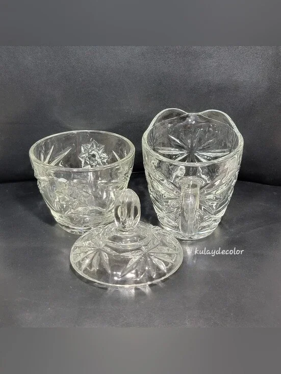 Vintage Anchor Hocking Clear Glass Creamer Covered Sugar Bowl Set with Lid EAPC