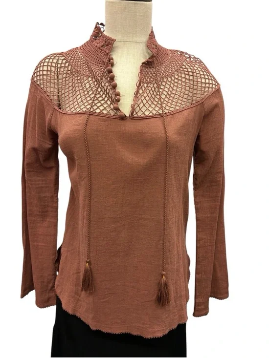 Free People Top Womens Small Brown Mesh Gauzy Boho Tassel Festival