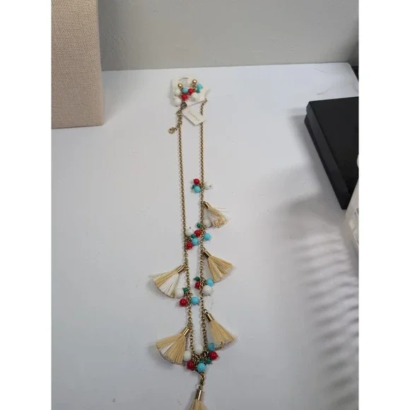 NWT Talbots Necklace & Earring Set Beaded Tassel Pendant Gold Tone Boho