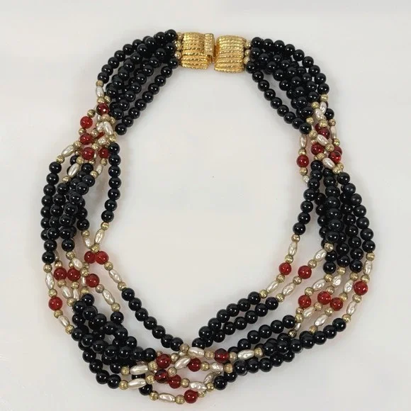 Vintage Gay Boyer Multi Strand Necklace Black & Red Beaded 1980s Statment