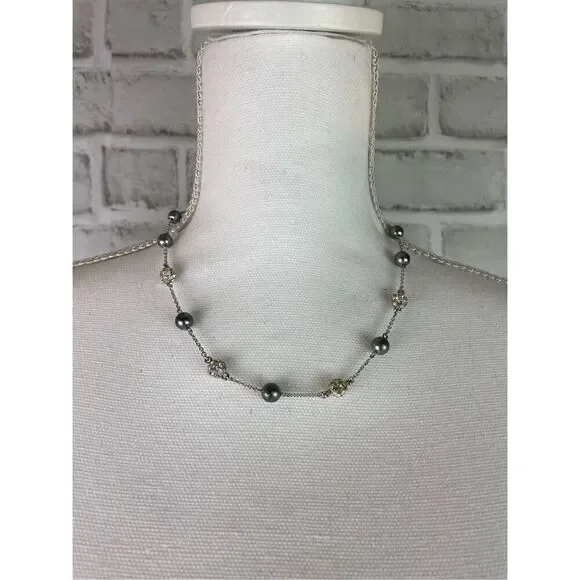 NOLAN MILLER Silver Tone Gray Faux Pearl Rhinestone Necklace 19