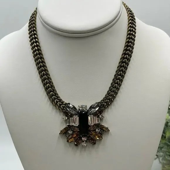 J. Crew‎ Piled Stone Art Deco Neutral Tones Glass Rhinestone Necklace