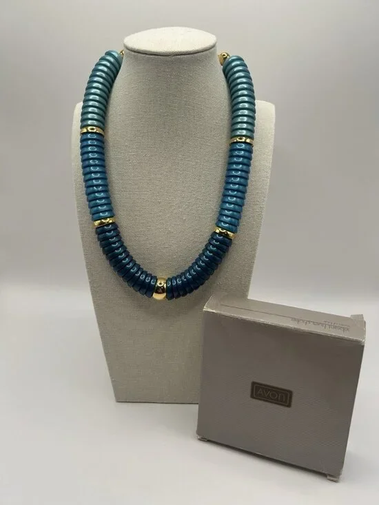Vintage Avon Necklace Blue Vibrant Hues Choker Ombre Stacked Dome Acrylic