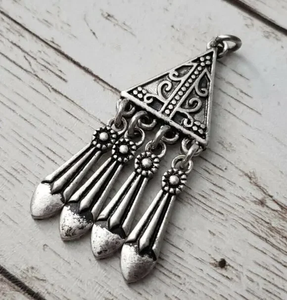 Vintage Pendant Ornate Silver Tone Triangle with Dangles