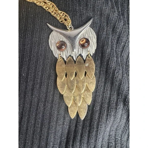 Vintage Two Tone Owl Necklace‎ On Gold Tone Chain