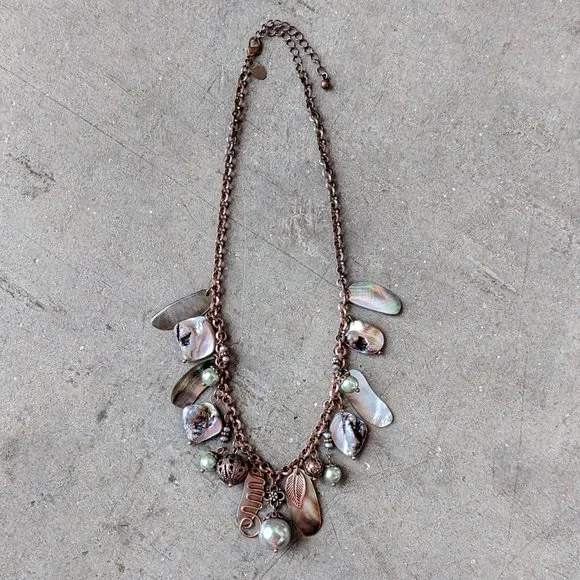 Lia Sophia Gold Broze Mother of Pearl Pendant Statement Necklace
