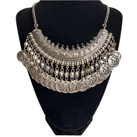 Women's Silver Tone Boho Bohemian Coins Bib Egyptian Style Necklace 9.5 Inches‎