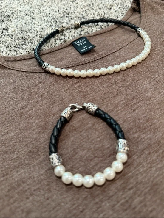 Black Leather and White Pearl Necklace & Bracelet Set