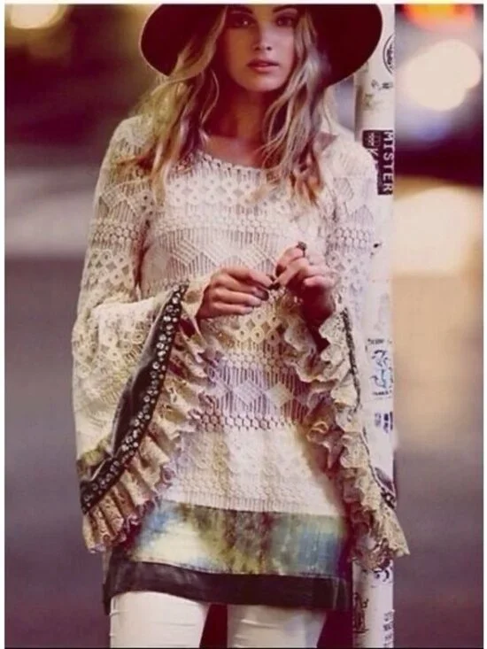 RARE Free People Embellished Bell Sleeve Lace Tunic Mini Dress S/M | Boho Indie