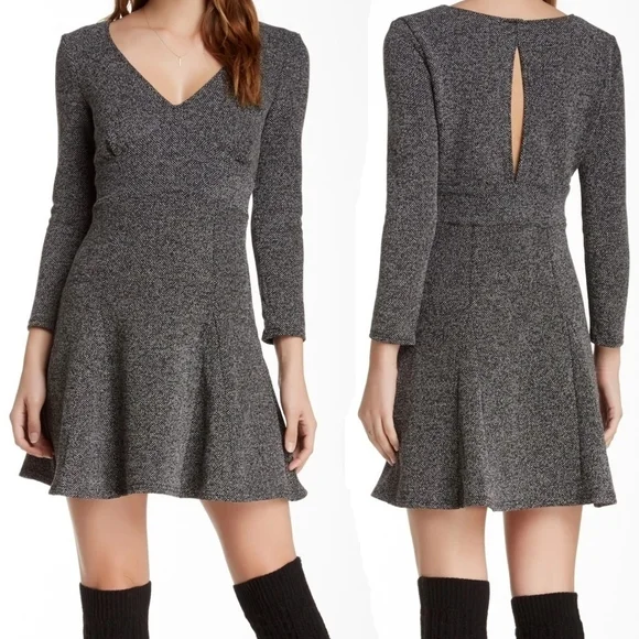 FREE PEOPLE | Black Tweed Fit‎ And Flare Heartstopped Long Sleeve Dress | S