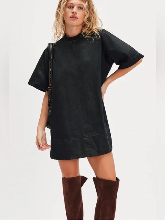 Free People Harlow Black Short Sleeve Mini Dress Country Cowgirl Sz S Oversized