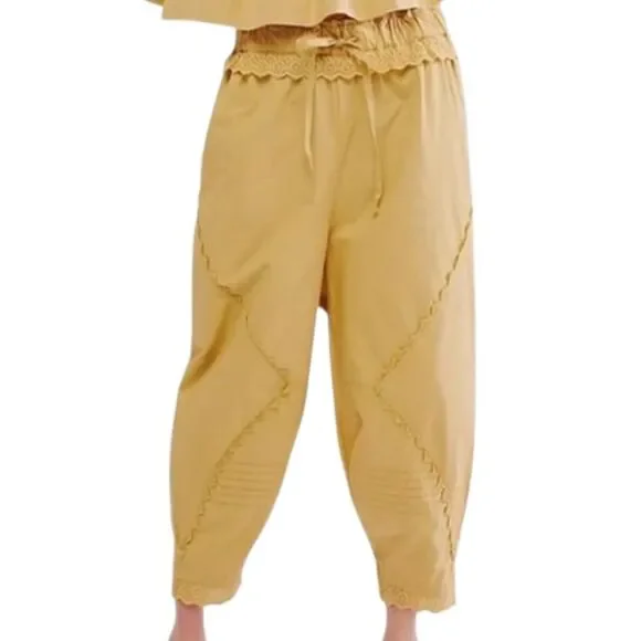 Free People Yellow Eyelet Trim Beach Life Harem Pants M