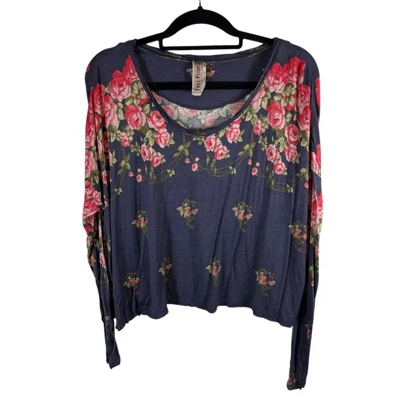 Free People Rose Floral Print Long Sleeve Top Charcoal Gray Pink‎ Medium boho