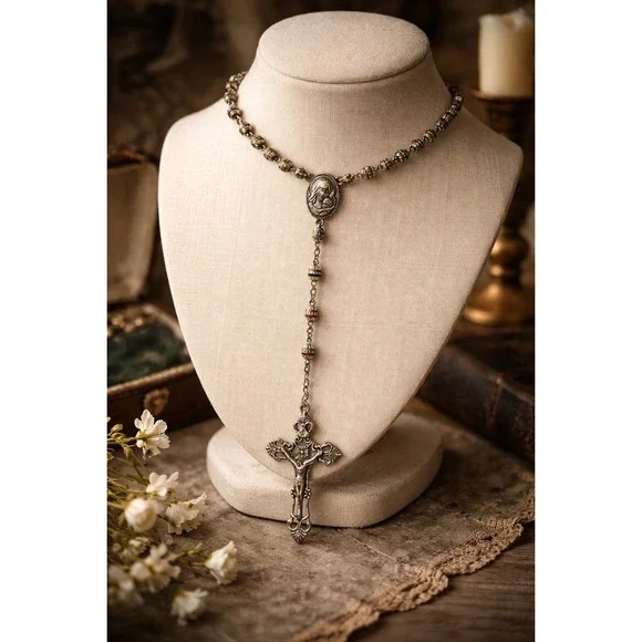 Vintage Rosary Necklace Enamel Metal Beads Crucifix‎ Catholic Devotional