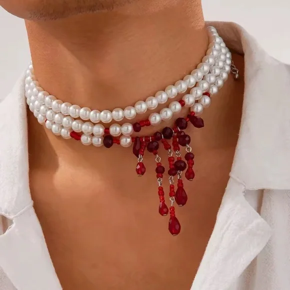 Vampire Pearl Choker with Blood Red Crystal Drops Gothic Halloween Necklace