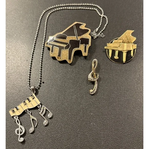 Piano Music Musical Notes Rhinestone Necklace Pendants Brooch‎ Set Of 4 Variety