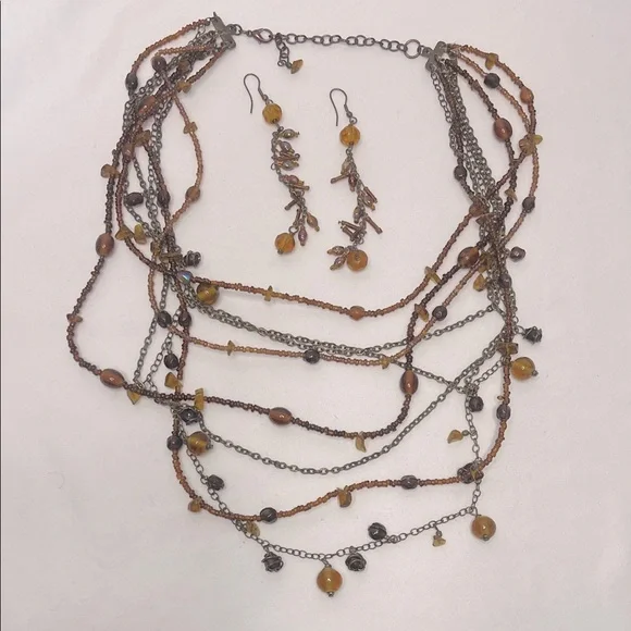 Multi-Strand Brown and Gold Necklace Set GUC