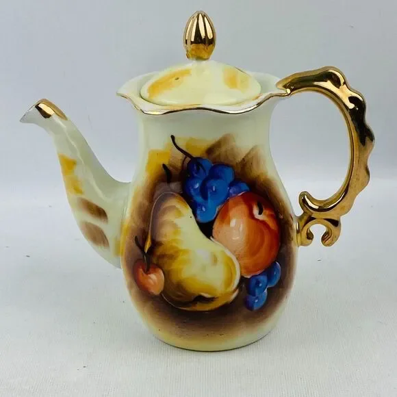 Vtg Enesco Fruit Pattern Teapot Gold Trim Hand Painted E2355‎ Pear Apple Grapes