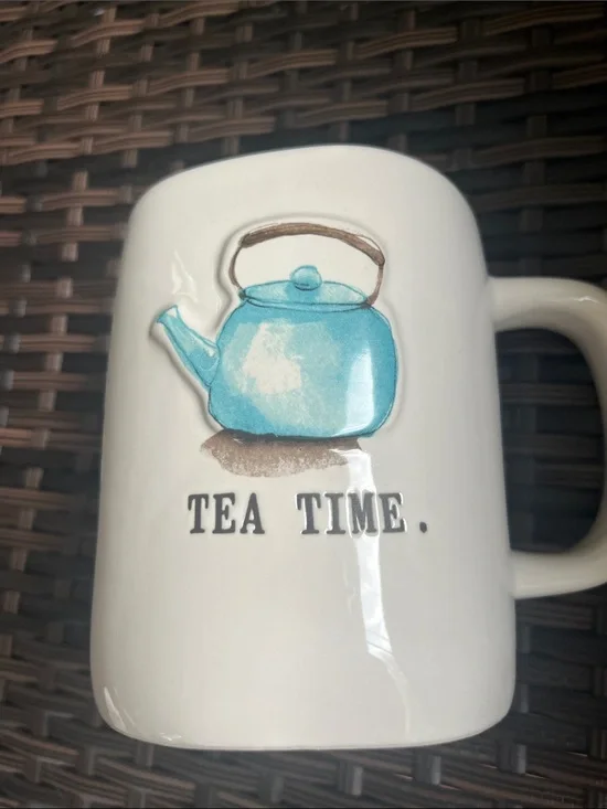 Rae Dunn White Ceramic Mug with Blue Teapot Graphic
