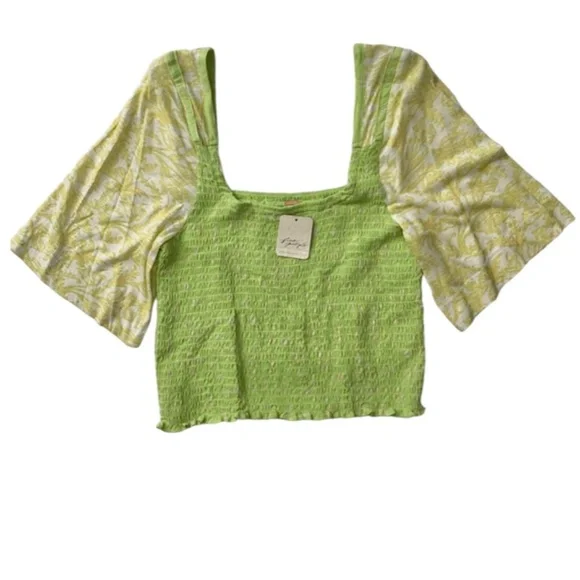 Free People Top Marigold Tee in Key Lime Combo Smocked New OB1434162