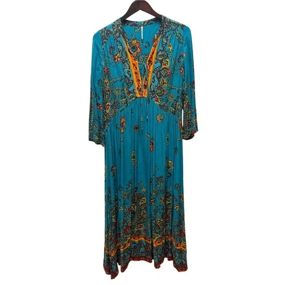 Free People If You Only Knew Blue Paisley Floral Boho‎ V-Neck Midi Dress Small