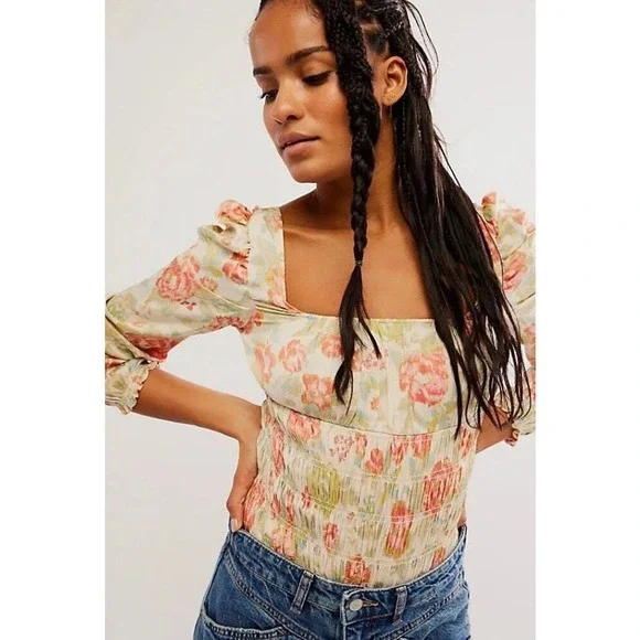 Intimately Free People‎ Boho Floral Smocked Bodysuit Milkmaid Size S Whimsical