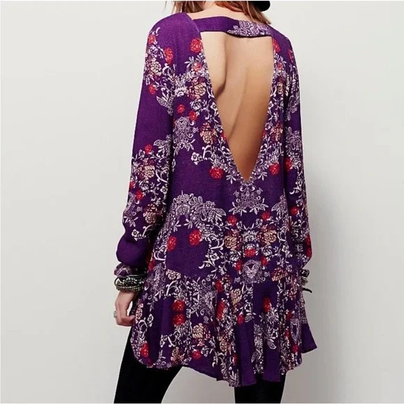 Free People Purple Floral Long Sleeve Mini Dress Deep V Back Boho‎ Womens Small