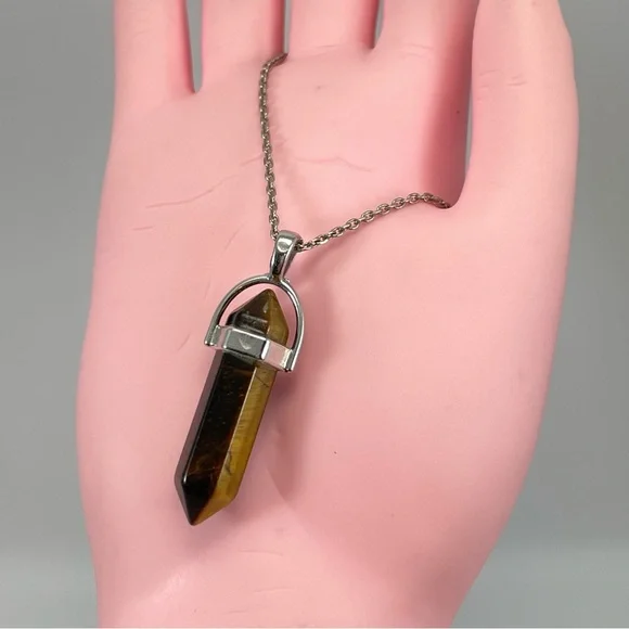 925 Sterling Silver Tiger Eye Natural Stone Crystal Pendant Necklace