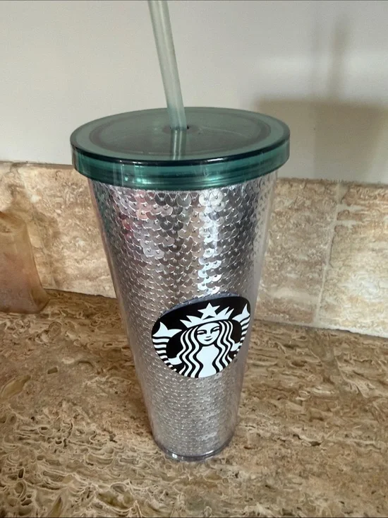 Starbucks Silver Sequin Tumbler with Green Lid and Straw