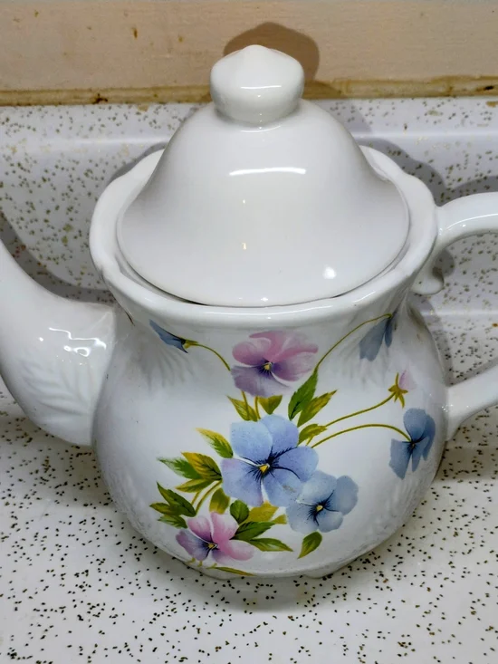 White Porcelain Teapot with Blue and Pink Morning Glory Floral Design
