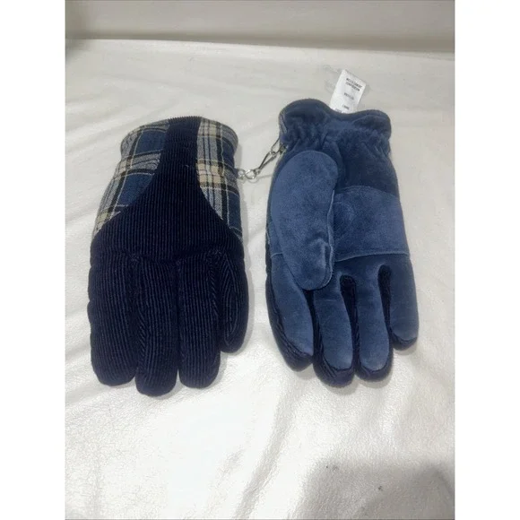 VINTAGE WELLS LAMONT HOTFINGERS MEN GLOVES SIZE LARGE BLUE PLAID‎ LINING ACRYIC
