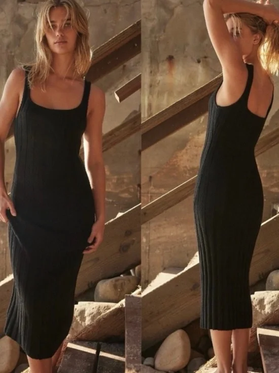 Free People Black Ribbed Midi Tank Dress